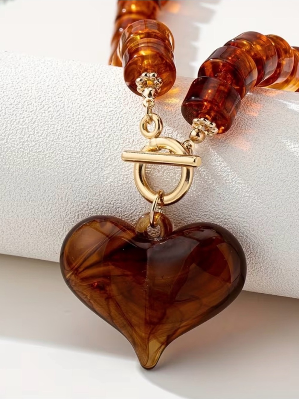 Amber-Tone Heart Pendant Beaded Necklace - Women Jewelry - Picture 3 of 5